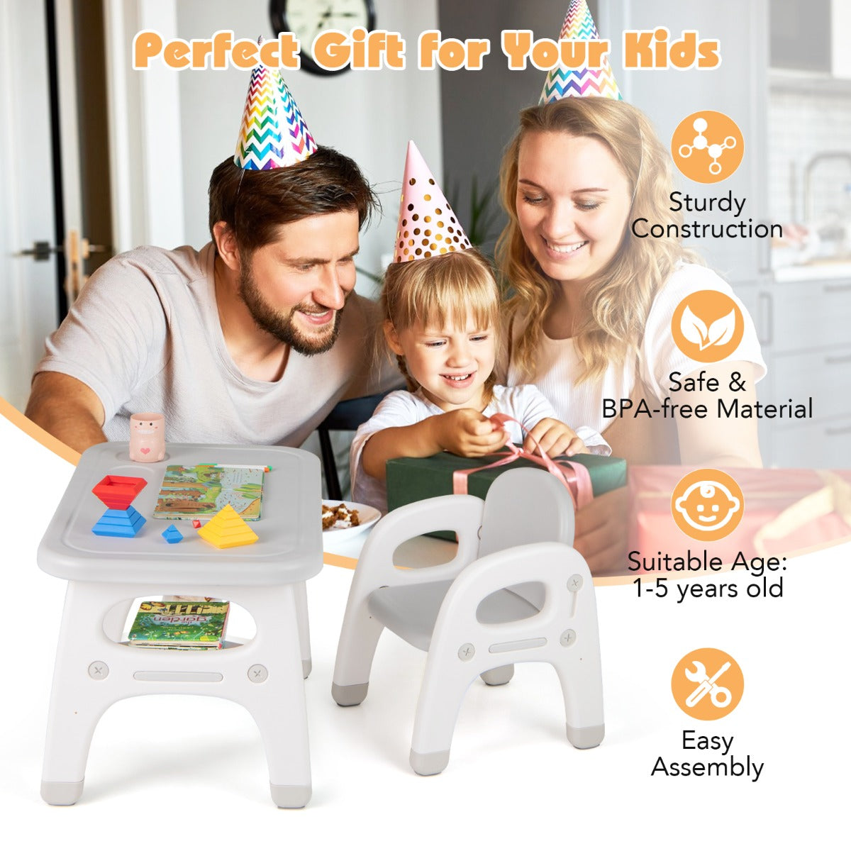 Kids Table and Chair Set | Grey Dinosaur Design with Storage