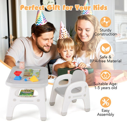 Kids Table and Chair Set | Grey Dinosaur Design with Storage