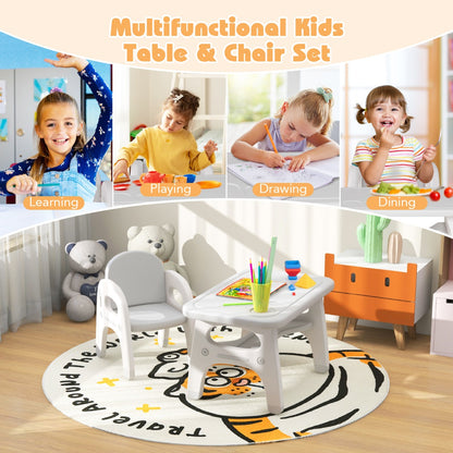Kids Table and Chair Set | Grey Dinosaur Design with Storage
