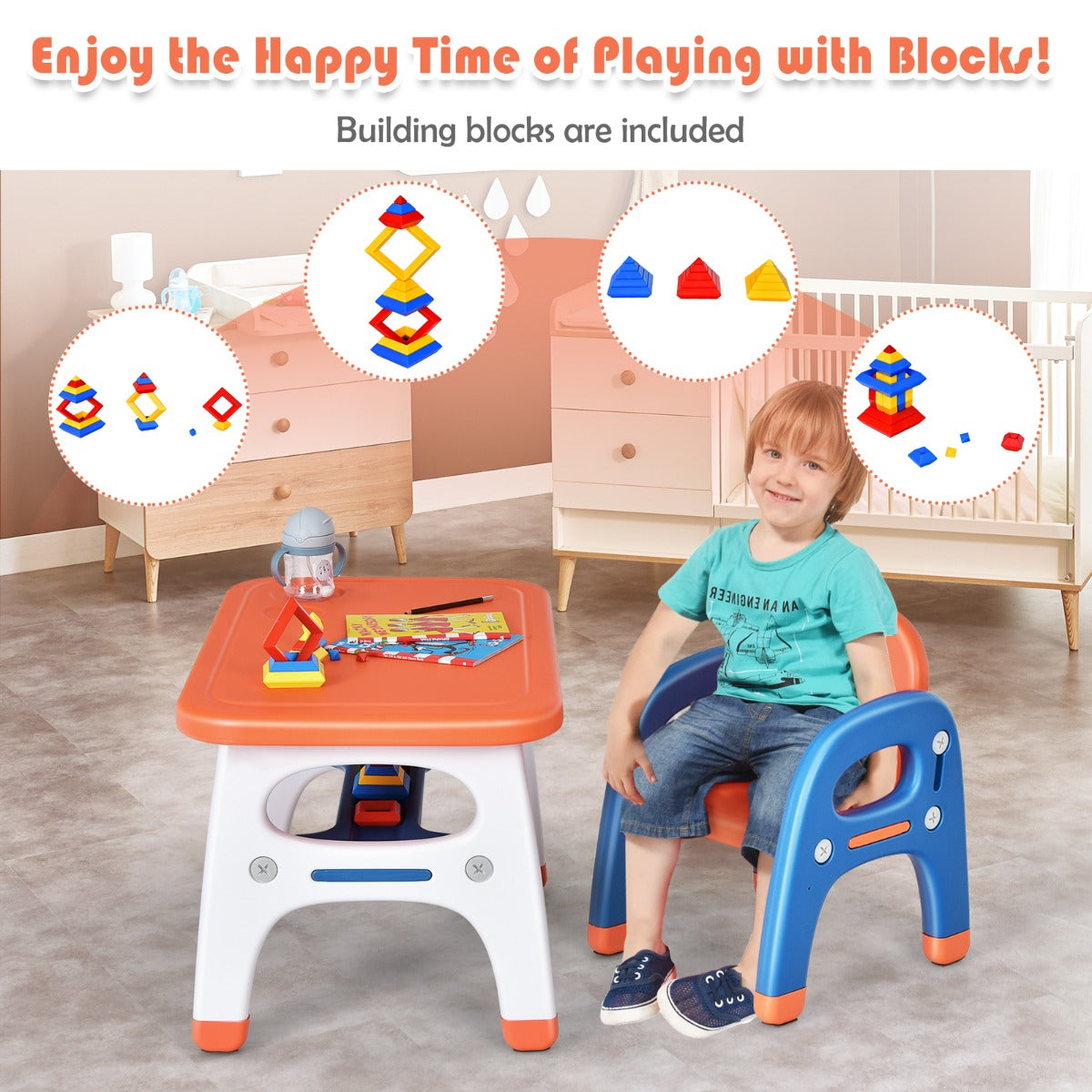 Kids Table And Chair Set | Dinosaur Design With Storage Orange
