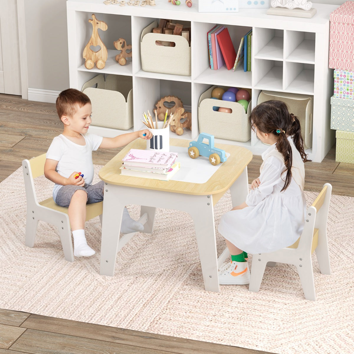 Kids table and chairs with reversible top, storage - perfect for creative play and organization.