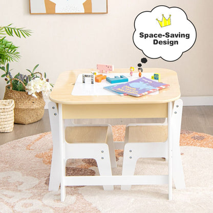 Kids table and chairs set with versatile double-sided tabletop and convenient storage for playtime.