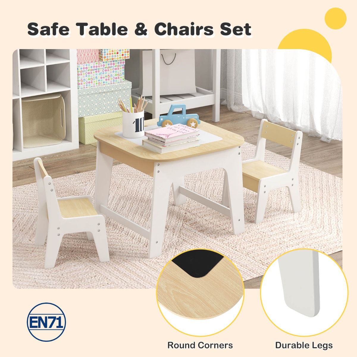 Kids table and chairs set with double-sided tabletop & storage for interactive play.