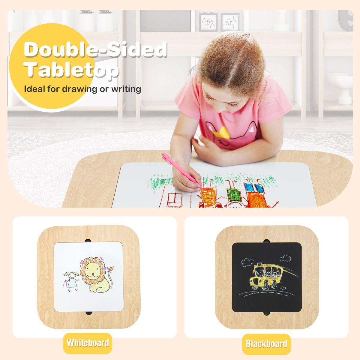 Kids set with double-sided tabletop and storage for creative play and organization at home.