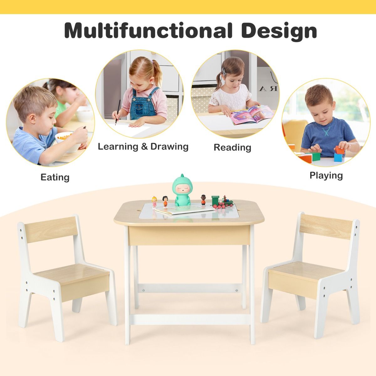 Kids table and chairs set with double-sided tabletop & storage, ideal for play & activities.