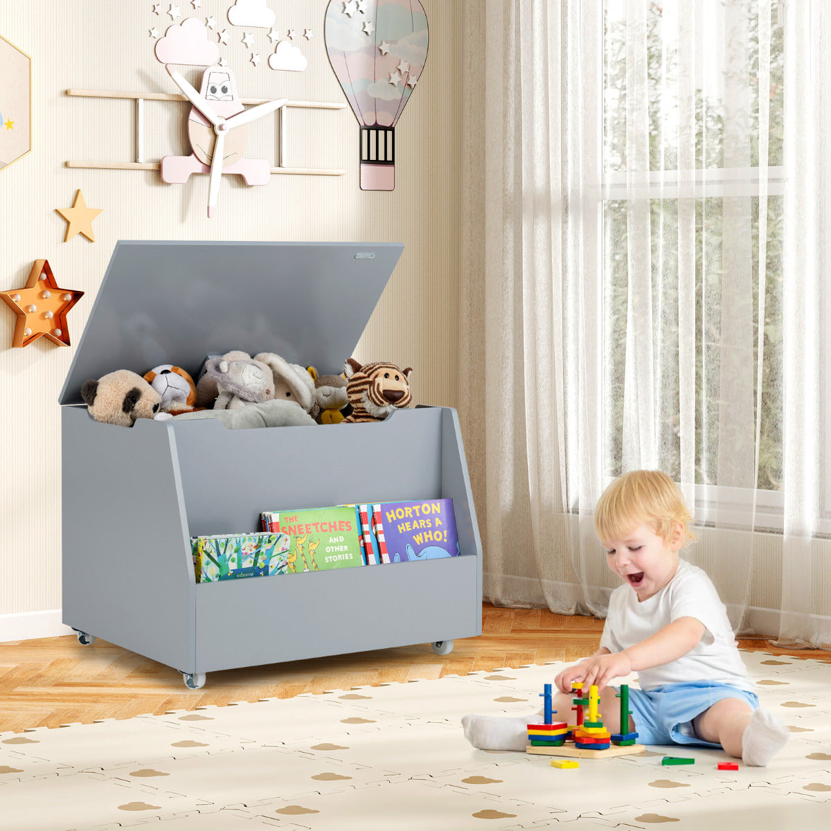 Kids Toy Box Wooden Mobile Toy Storage Organize-Grey