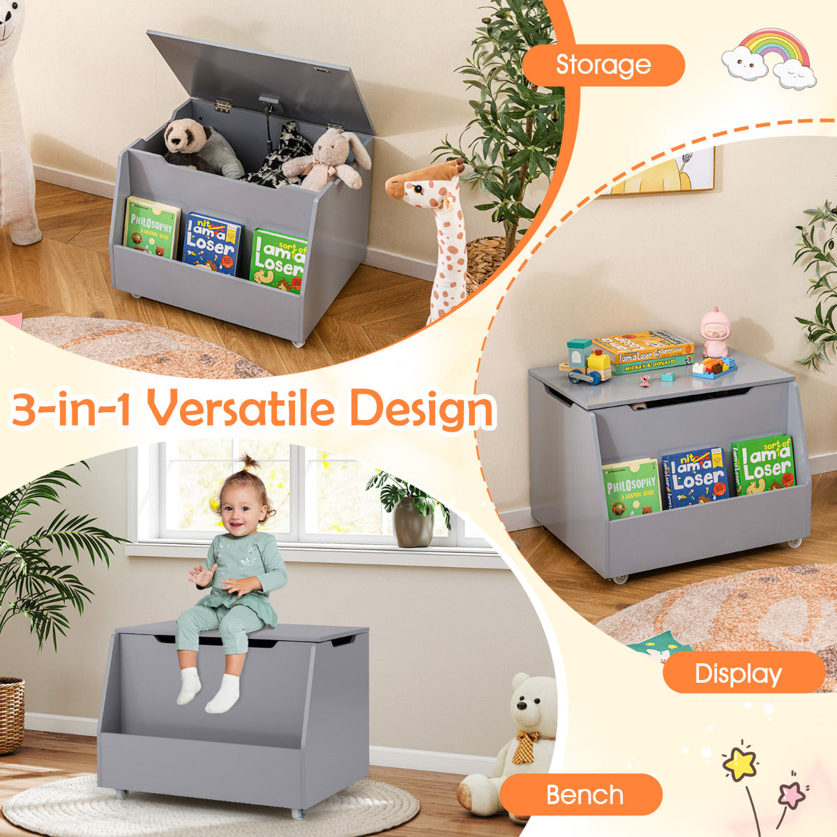 White Wooden Toy Box with Wheels | Mobile Storage Organizer