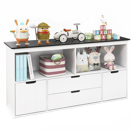 Kids Storage Cabinet | White & Black Display Shelf with Drawers