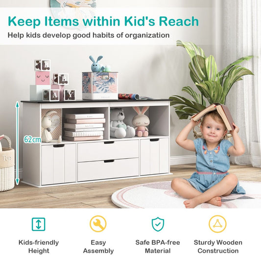 Kids Storage Cabinet | White & Black Display Shelf with Drawers