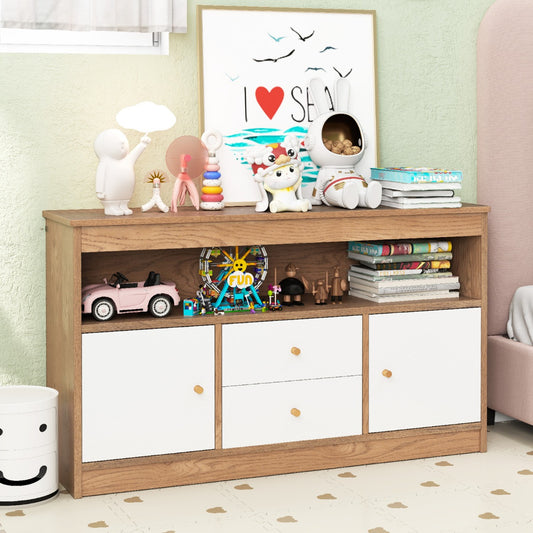  Kids Toy Storage Organizer with 2 Drawers and 2 Closed Cabinets-Natural