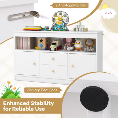 Spacious white toy organizer cabinet with multiple drawers provides stylish storage for childrens playrooms and bedrooms