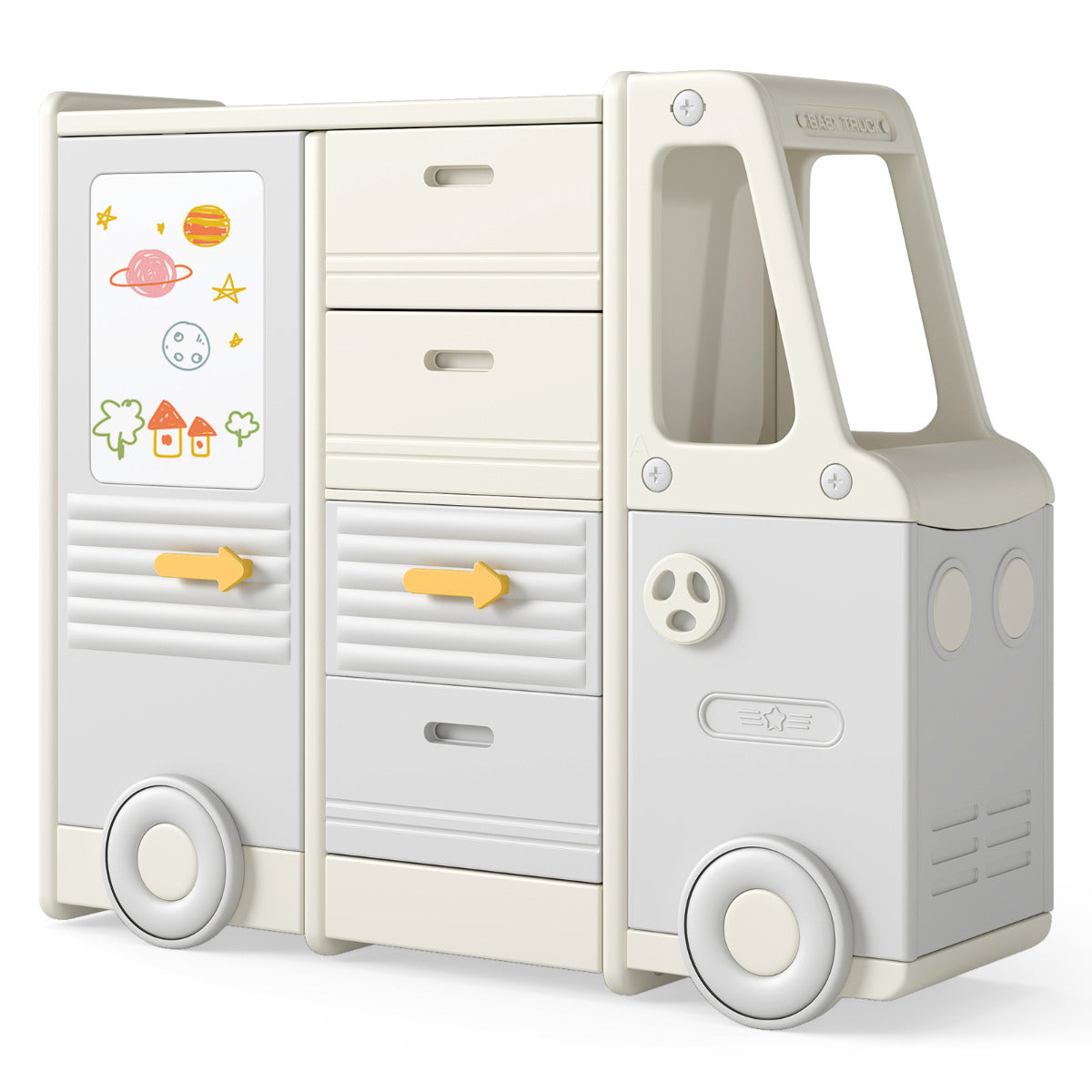 Bus Shaped Toy Organizer | 4 Drawers Whiteboard Beige Grey