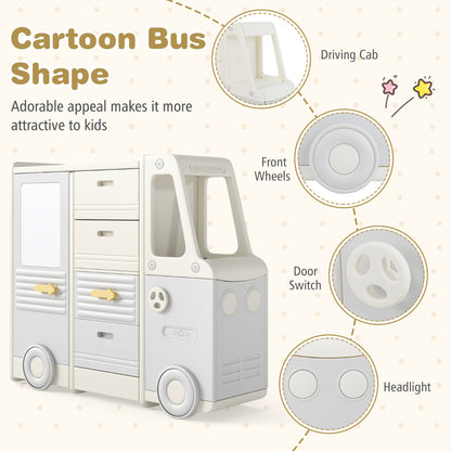 Bus Shaped Toy Organizer | 4 Drawers Whiteboard Beige Grey