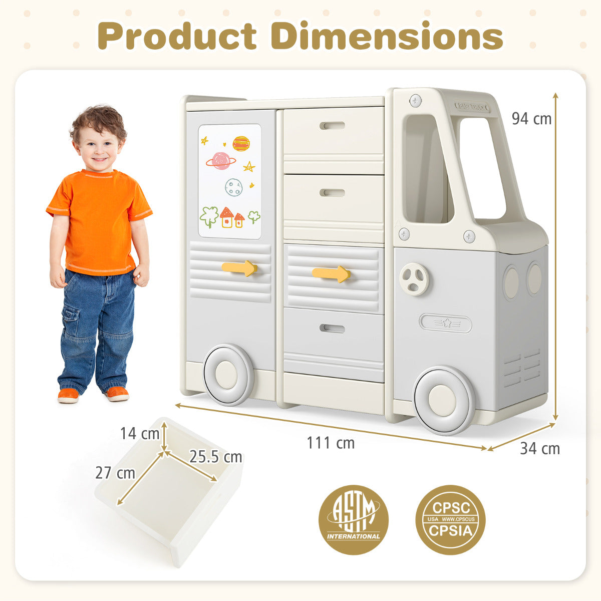 Bus Shaped Toy Organizer | 4 Drawers Whiteboard Beige Grey
