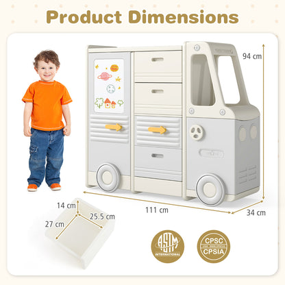 Bus Shaped Toy Organizer | 4 Drawers Whiteboard Beige Grey