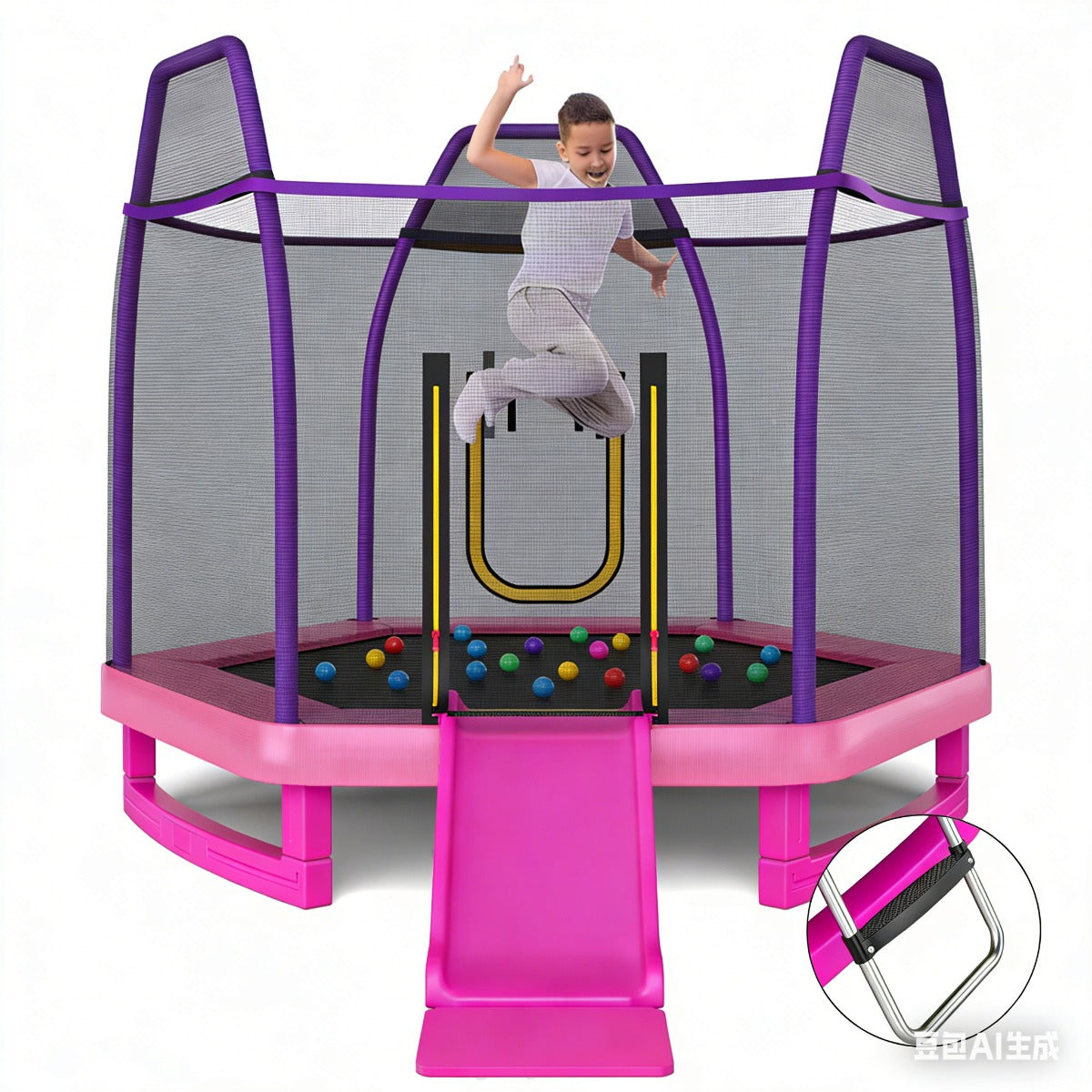 3-in-1 7FT Kids Trampoline with Slide Ladder and Ocean Balls-Pink & Purple