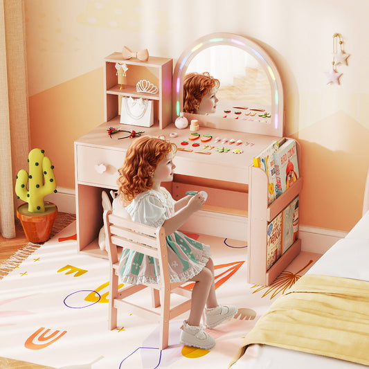Pink Kids Vanity Desk with Lighted Mirror | Storage & Chair