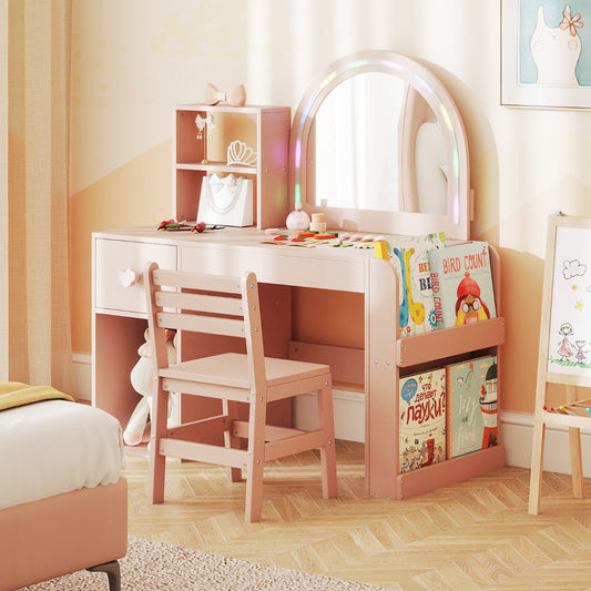 Pink Kids Vanity Desk with Lighted Mirror | Storage & Chair