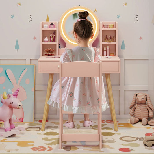 Light Pink Kids Princess Vanity Set | 2 Color LED Mirror & Chair