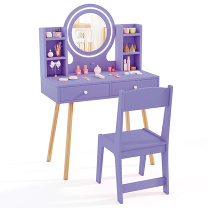 Purple Kids Vanity Set | LED Mirror & Makeup Storage Table
