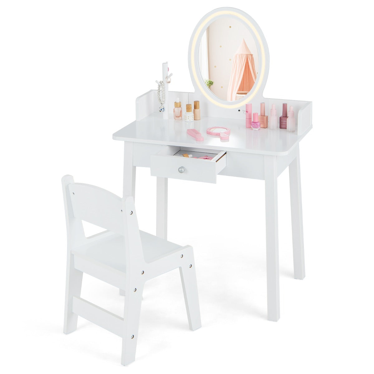 White Kids Vanity Set | LED Mirror & Chair | Large Storage
