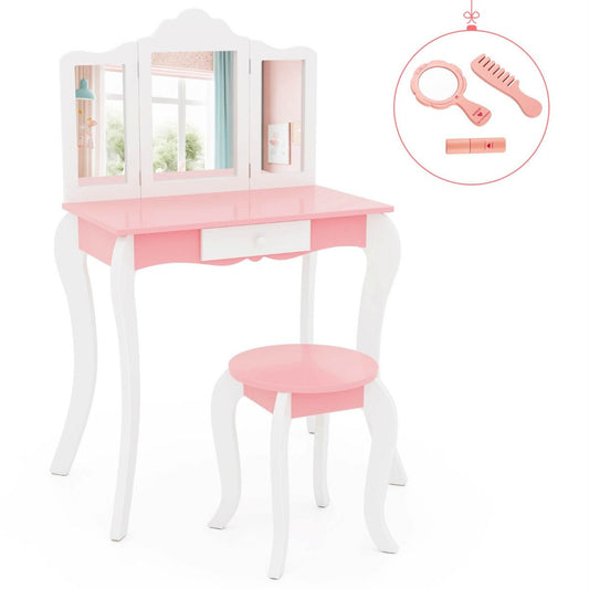 Kids Vanity Set | Pink Tri-Fold Mirror & Storage for Playtime