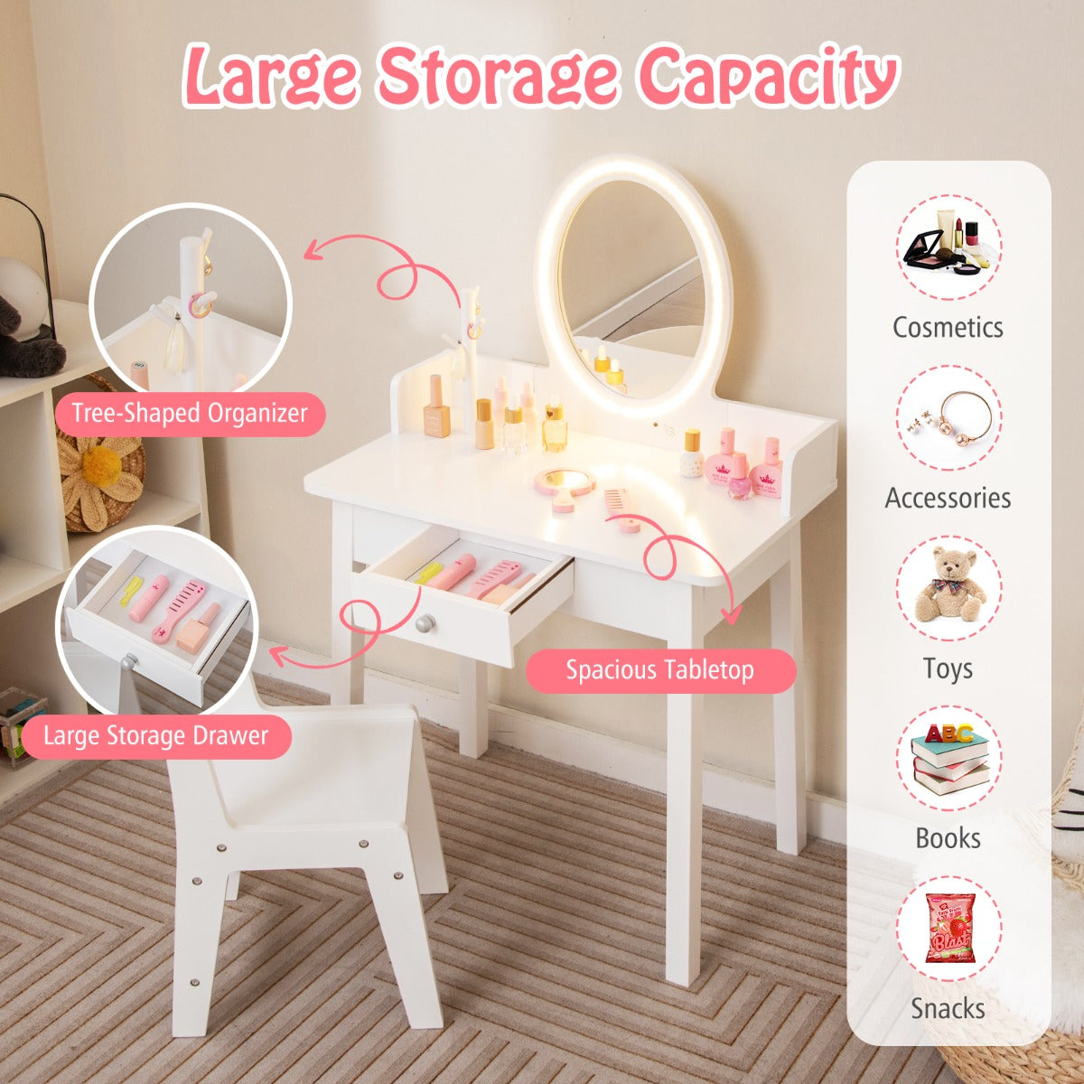 White Kids Vanity Set | LED Mirror & Chair | Large Storage