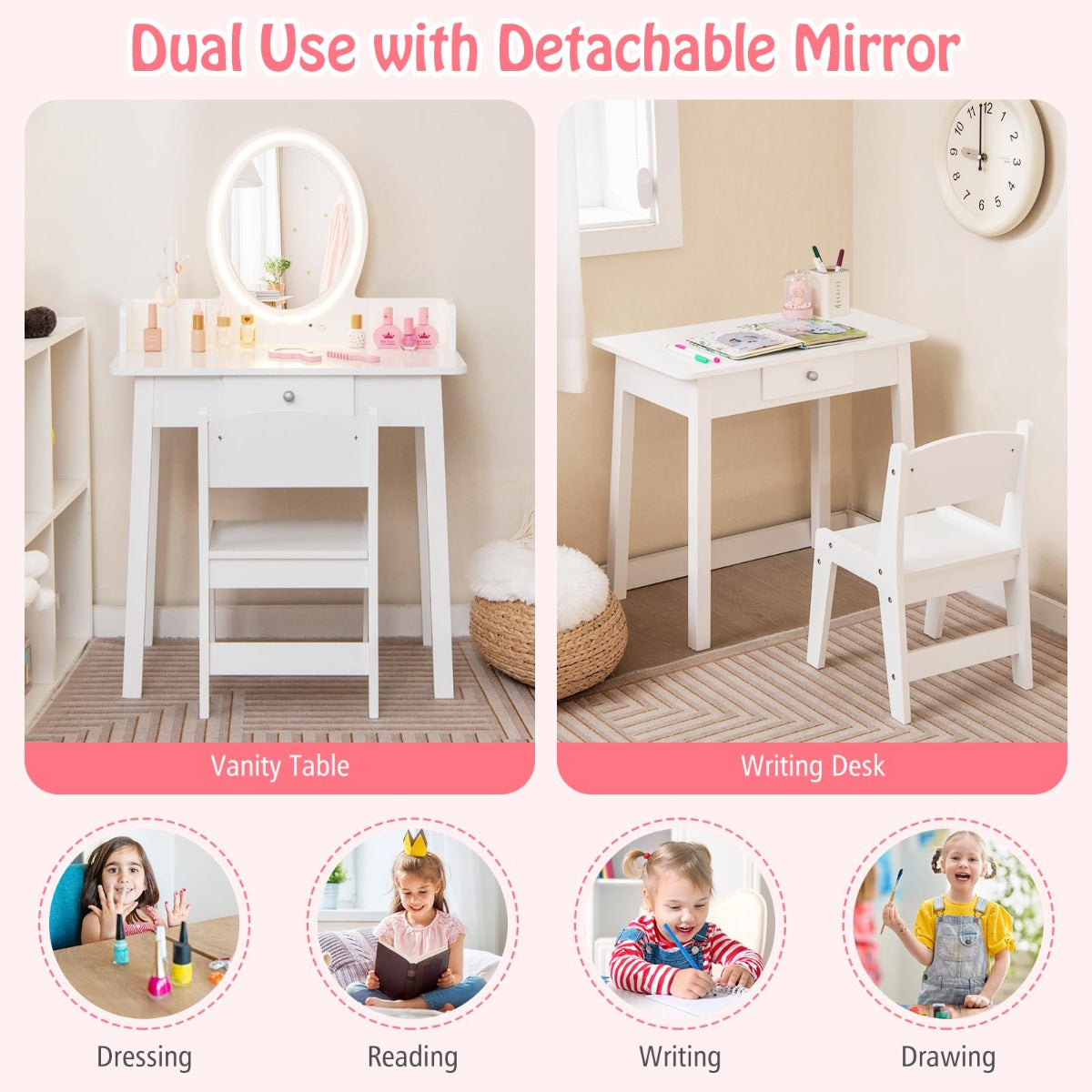 White Kids Vanity Set | LED Mirror & Chair | Large Storage