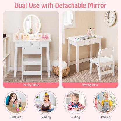 White Kids Vanity Set | LED Mirror & Chair | Large Storage