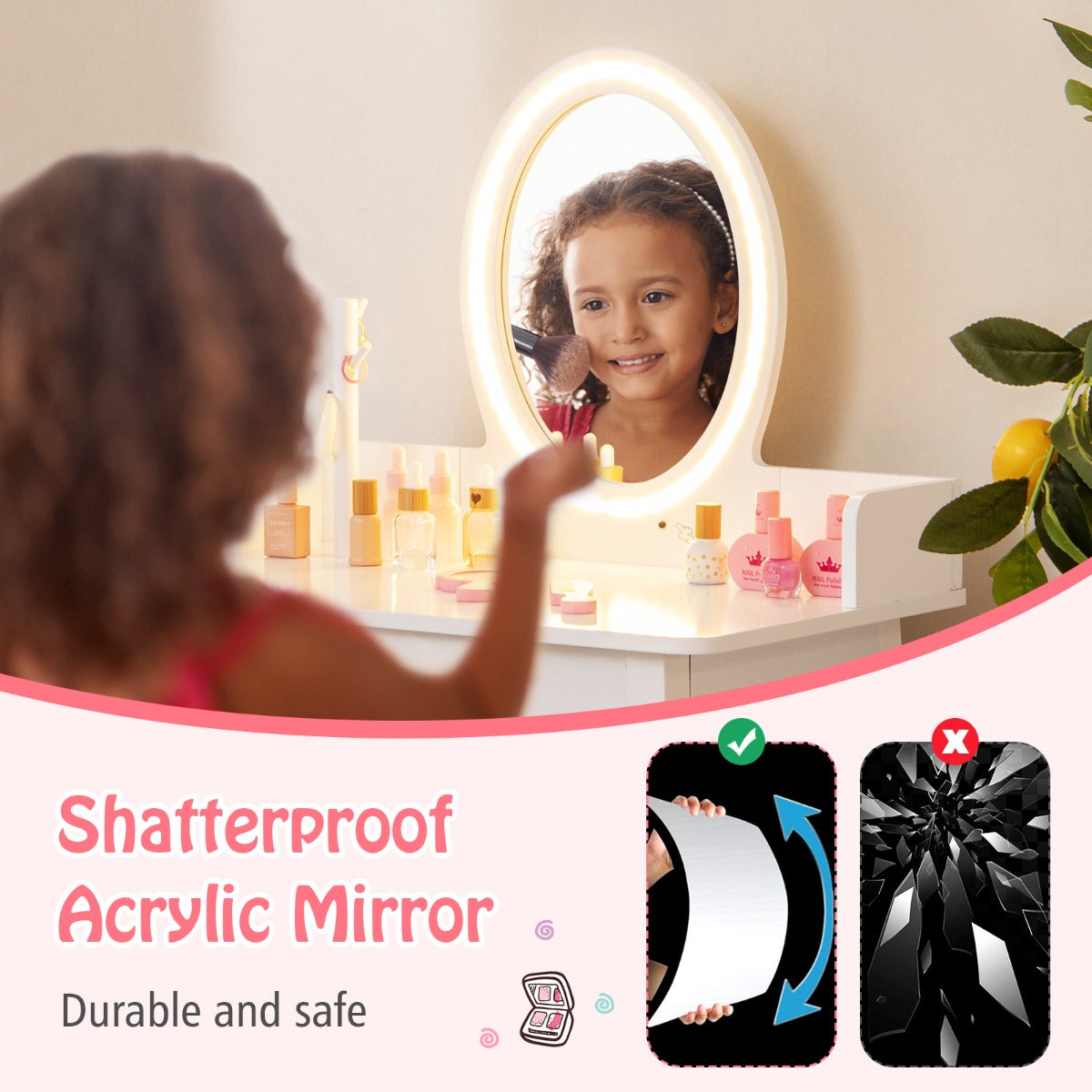 White Kids Vanity Set | LED Mirror & Chair | Large Storage