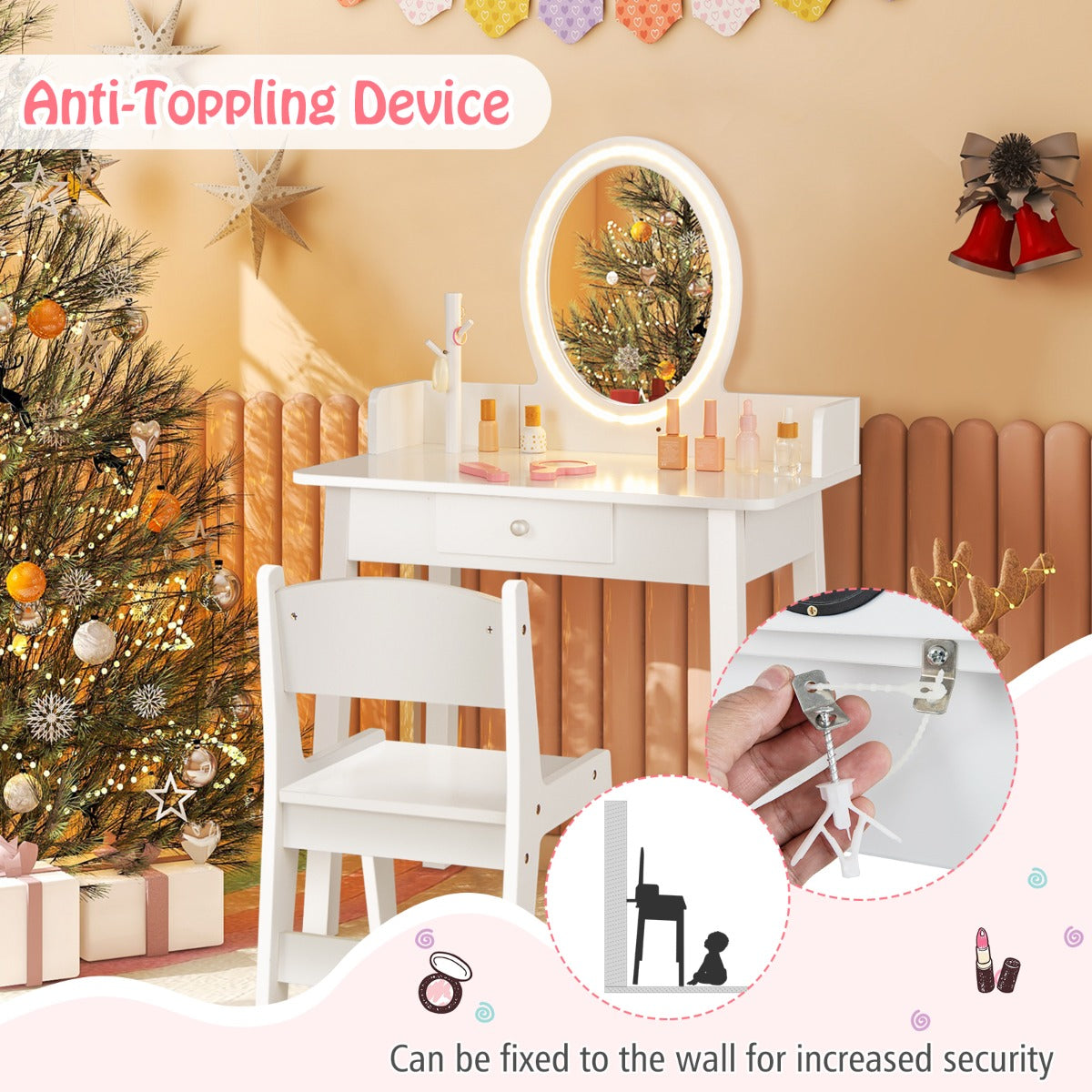 White Kids Vanity Set | LED Mirror & Chair | Large Storage