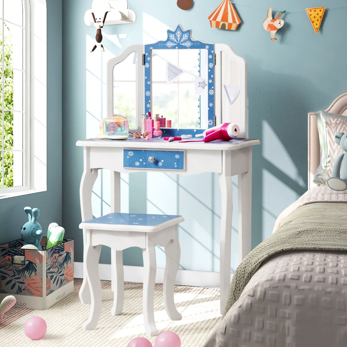 Kids Snowflake Vanity Set w/ Mirror and Stool in Blue and White - Playful bedroom accessory.