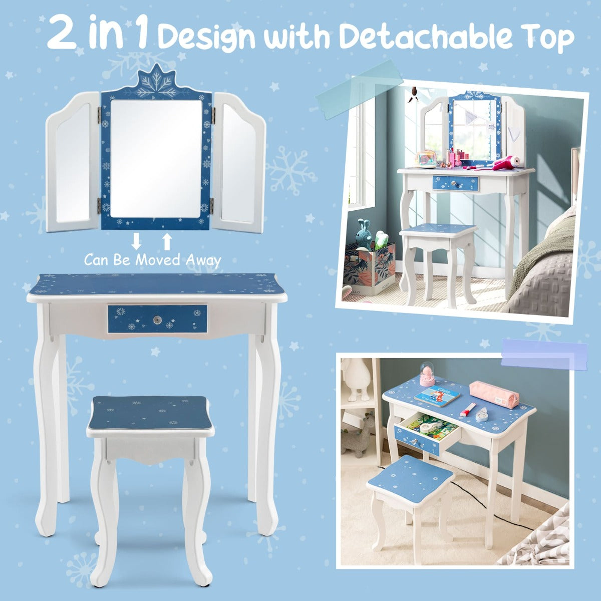 Kids Snowflake Vanity Set in Blue and White - Includes Mirror and Stool for Playtime Glamour