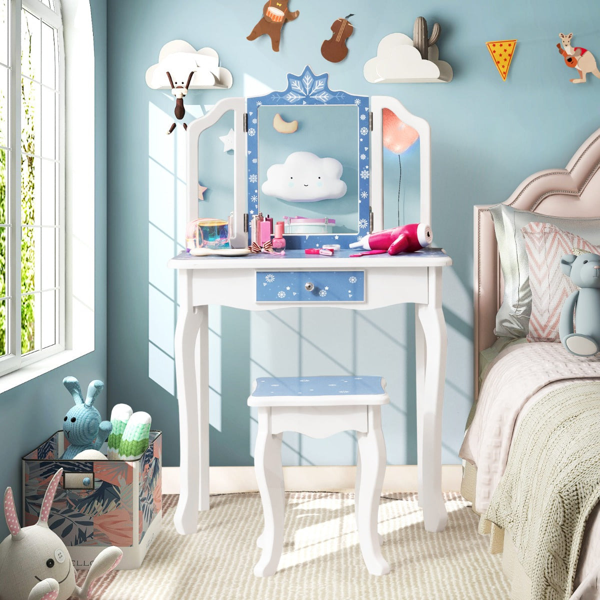 Snowflake Vanity Set | Blue and White mirror and stool for kids bedroom decor.