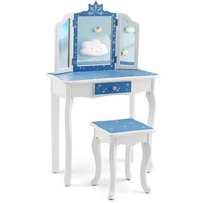 Blue and white Snowflake Vanity Set with Mirror and Stool for childrens playroom or bedroom.