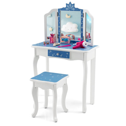 Kids blue and white snowflake vanity set with mirror and stool for playtime fun