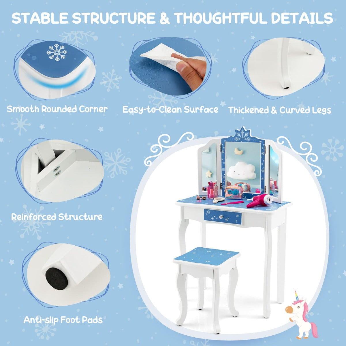 Blue and white vanity set with mirror and stool for kids bedrooms, with snowflake design.