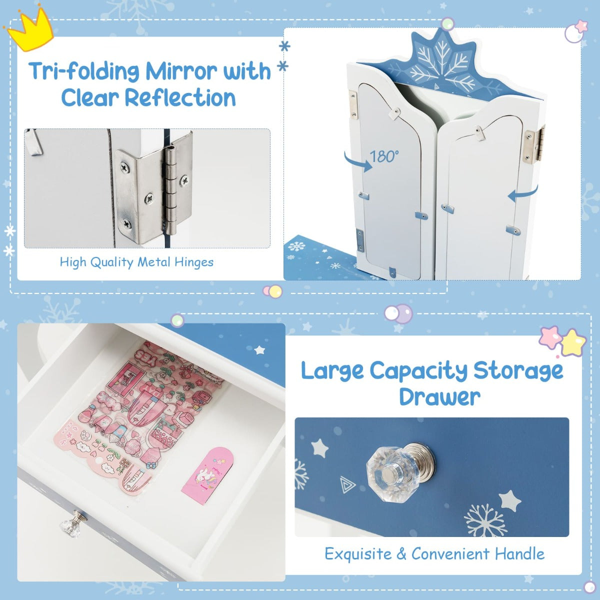 Snowflake Vanity Set | Kid-friendly blue and white design with mirror and stool.