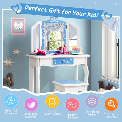 Childs snowflake vanity set in blue and white with mirror and stool for charming playtime.