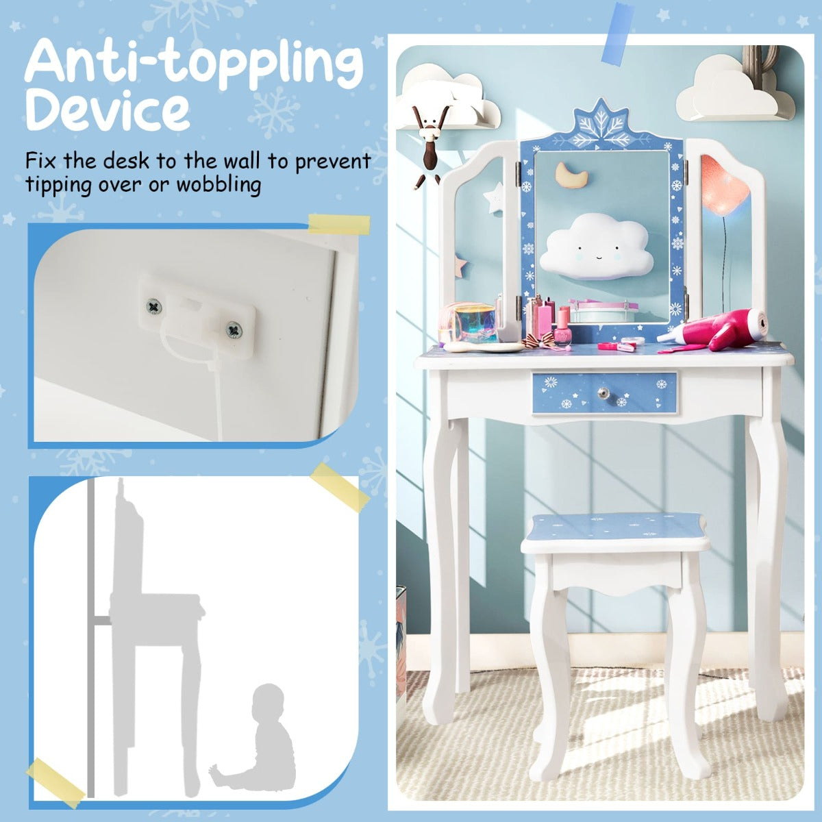 Blue and white Snowflake Vanity Set with Mirror, Stool for childrens room decor and play.