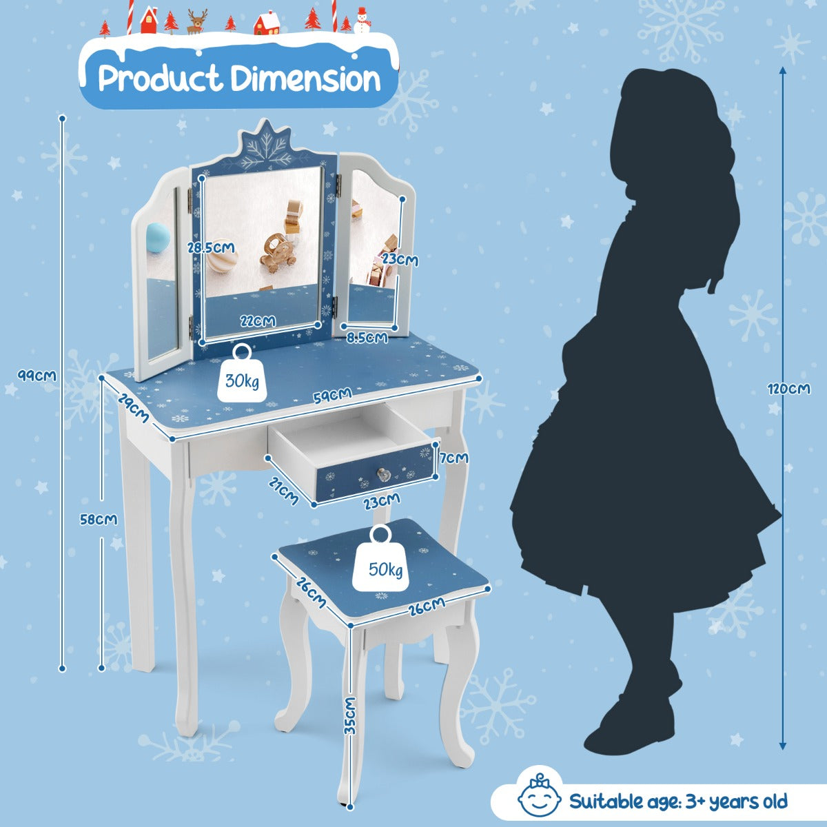 Kids snowflake vanity set in blue and white with mirror and stool, ideal for playtime.