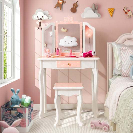 Kids pink snowflake vanity set with stool and mirror for imaginative play and grooming.