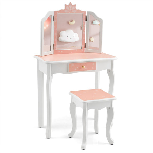 Pink princess vanity set with mirror and stool for kids pretend play and make-believe.