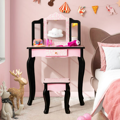 Kids pink vanity set with mirror, drawer, and stool - adorned with snowflake design.