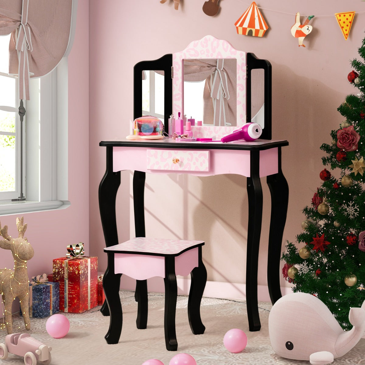 Pink snowflake design Kids Vanity Set with mirror, drawer and stool for playroom elegance.