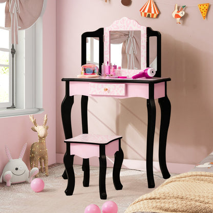 Pink snowflake design Kids Vanity Set with mirror, drawer and stool for fun grooming.