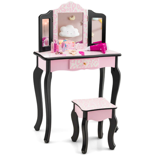 Kids vanity set in pink with snowflake design, includes mirror, drawer, and stool.