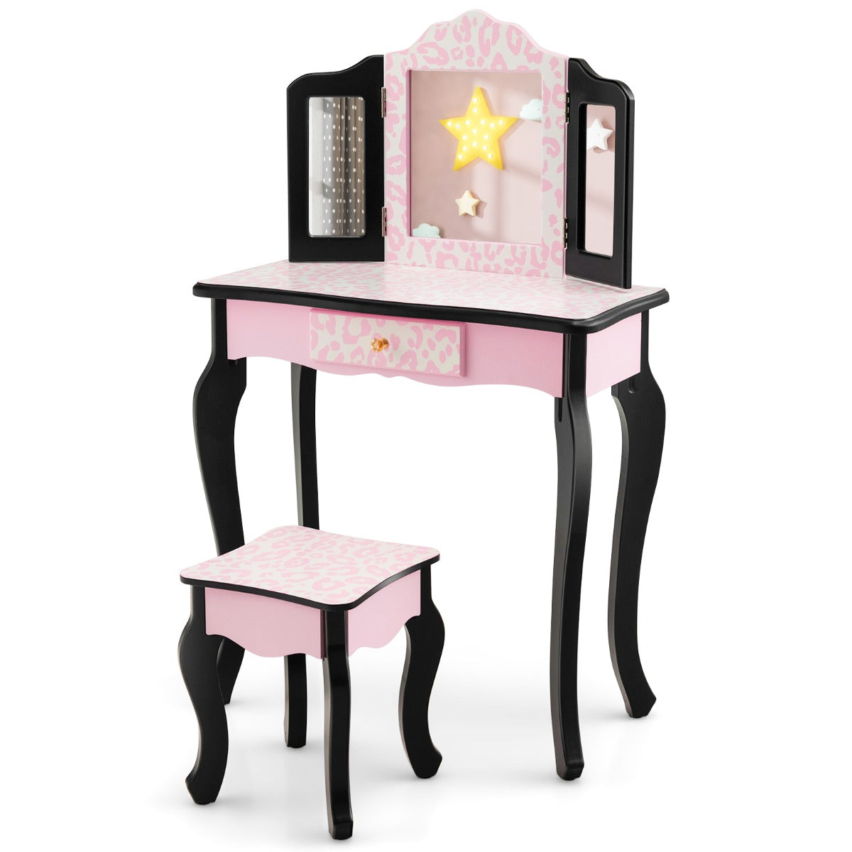 Pink snowflake design kids vanity set with mirror, drawer and stool for imaginative play.