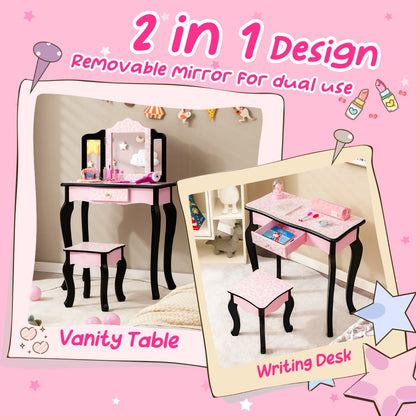 Childs pink vanity set with snowflake design, mirror, drawer and stool for playtime fun.