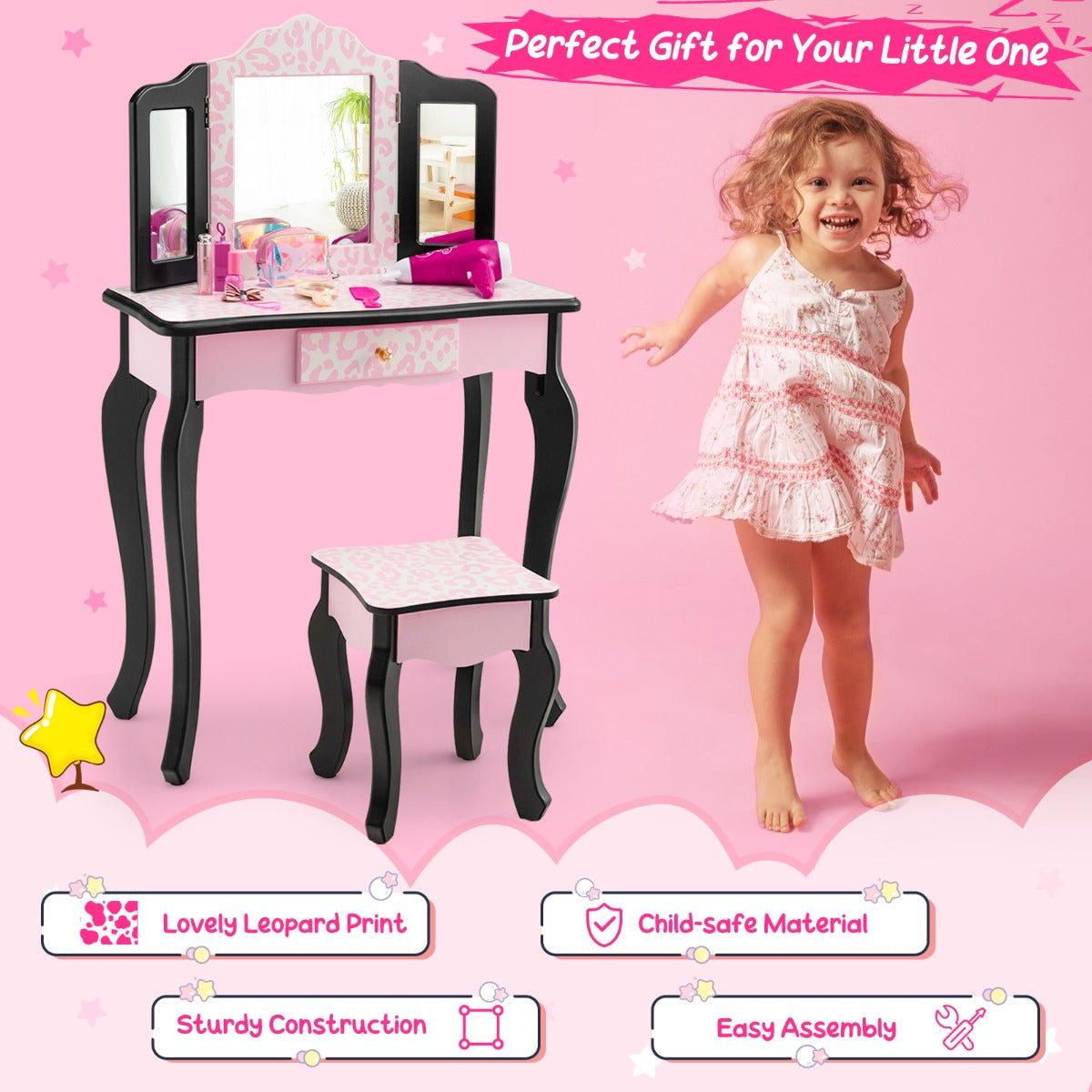 Kids vanity set with mirror and drawer in pink, featuring adorable snowflake design.